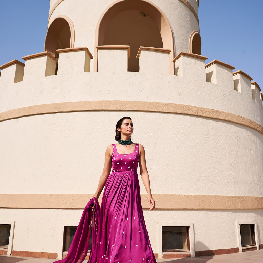 
                      
                        Round Neck All Over Butti Embroidered Can can Floor Length Anarkali
                      
                    