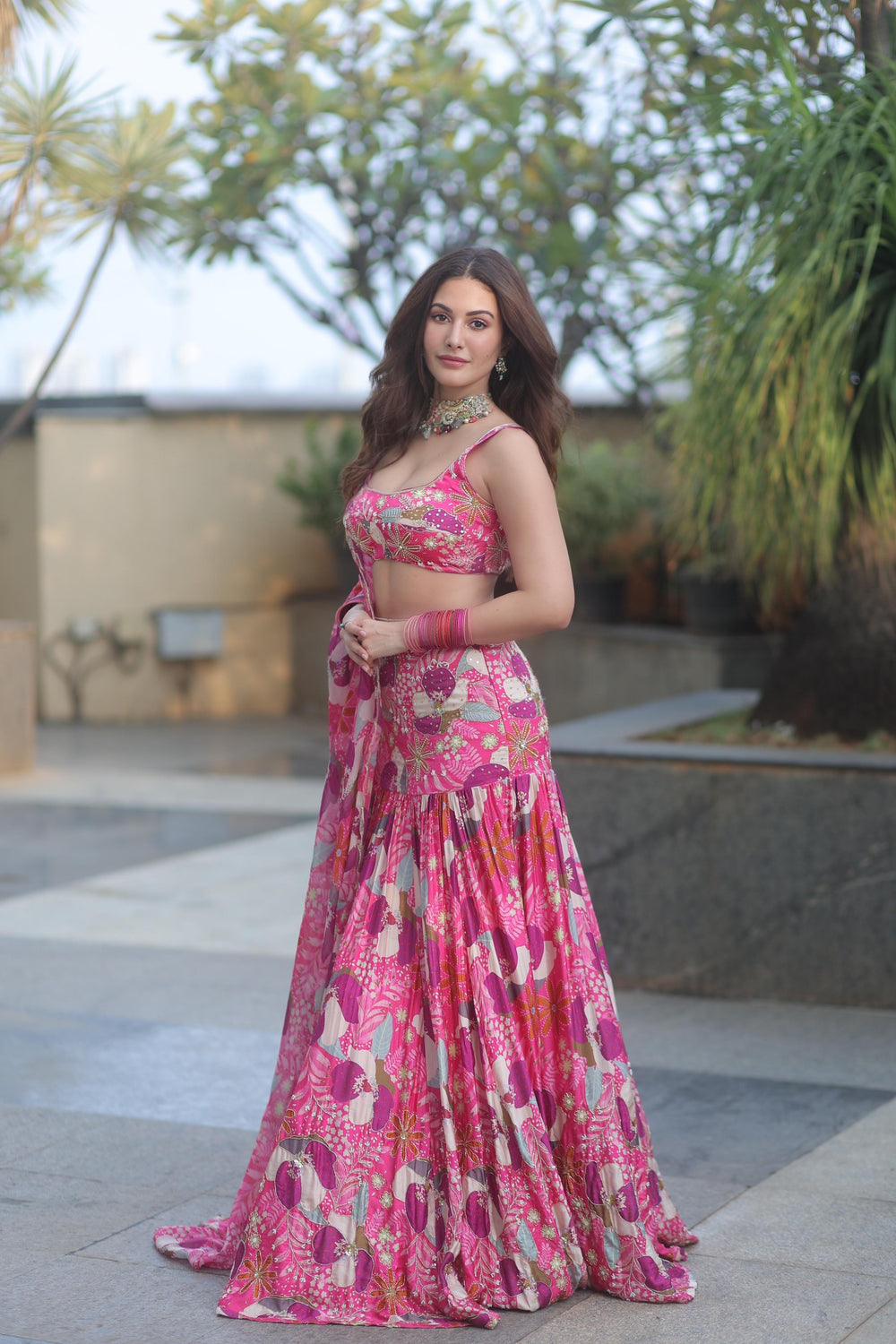 Amyra Dastur in Fuschia Floral Lehenga With Blouse And Dupatta