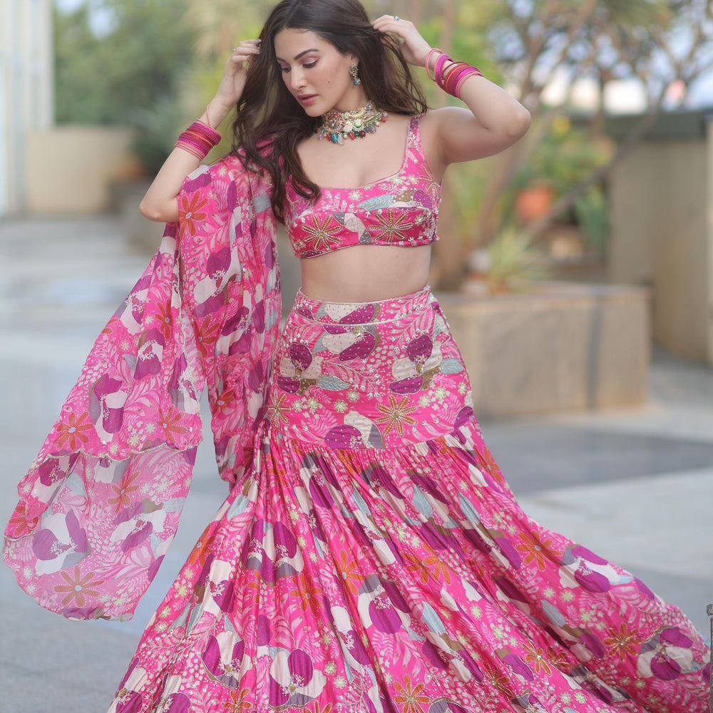 
                      
                        Amyra Dastur in Fuschia Floral Lehenga With Blouse And Dupatta
                      
                    