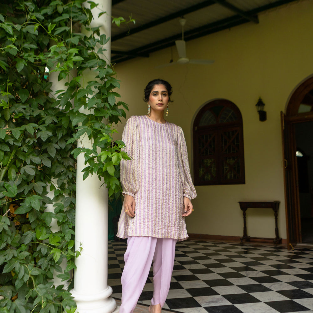 
                      
                        Lavender-Offwhite Stripes Kurti Co-ords
                      
                    