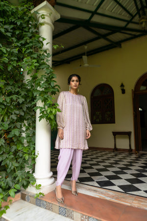 Lavender-Offwhite Stripes Kurti Co-ords