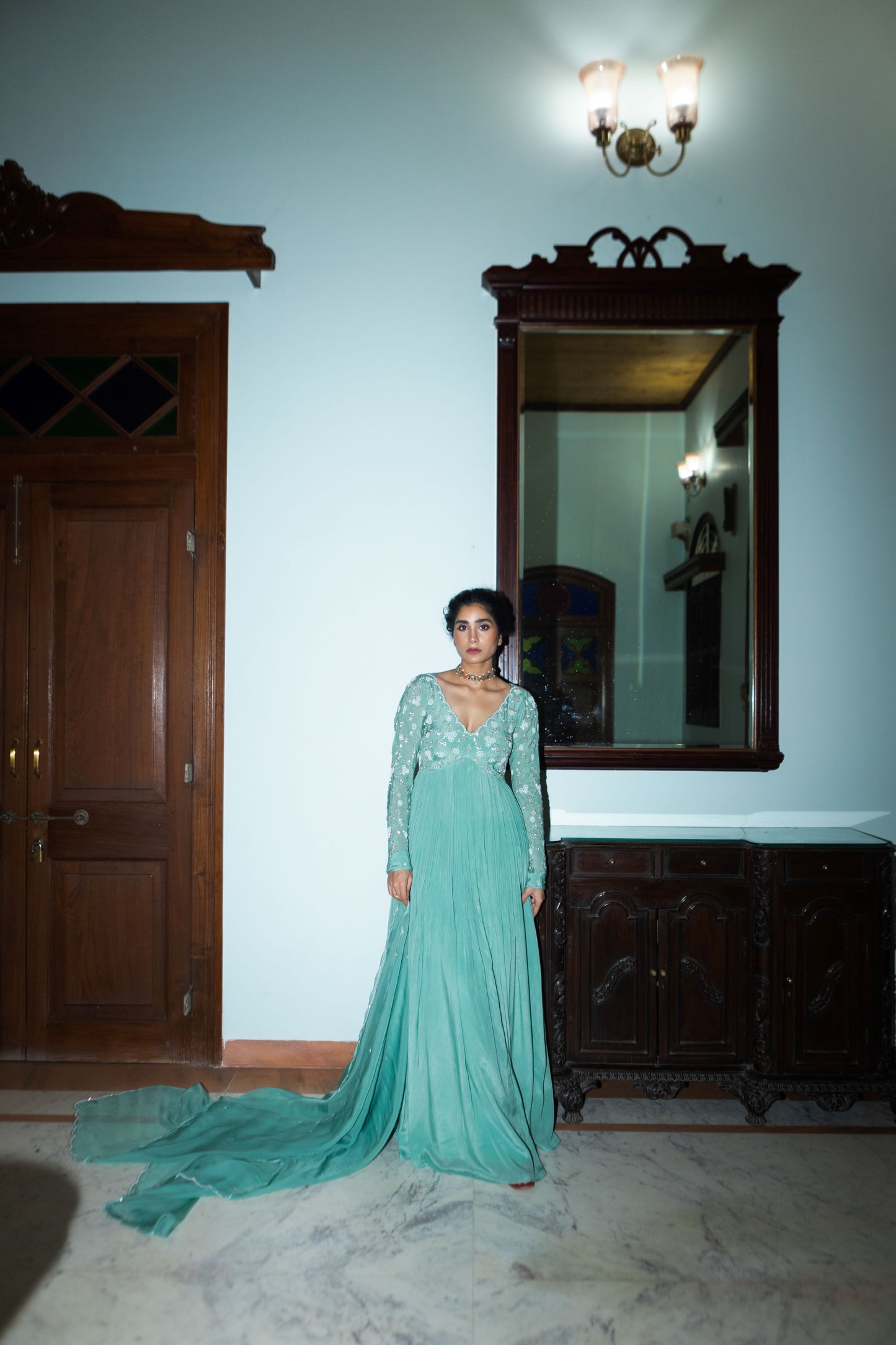 Dark Mint Jaal Scallop Anarkali