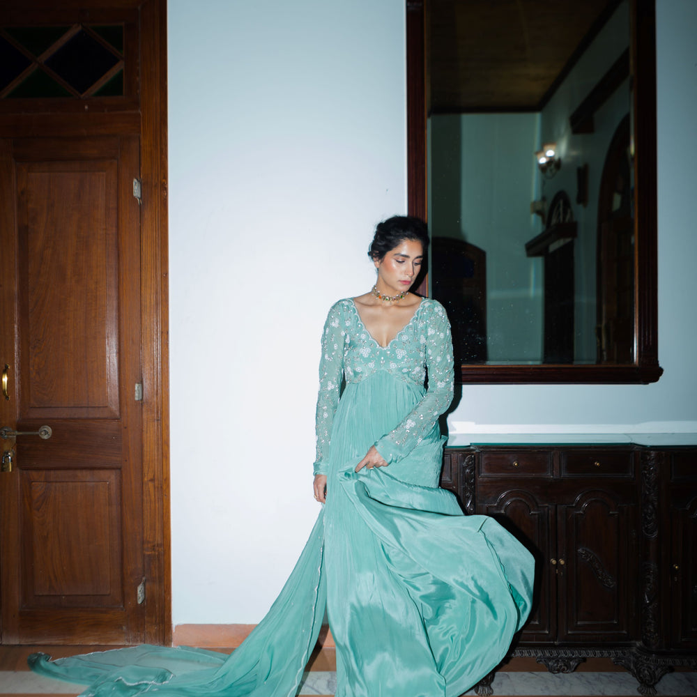 
                      
                        Dark Mint Jaal Scallop Anarkali
                      
                    