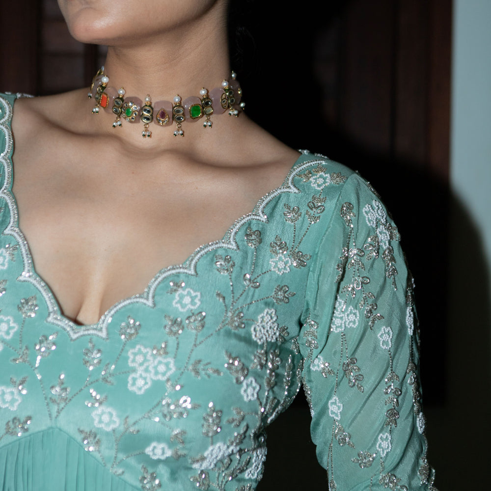 
                      
                        Dark Mint Jaal Scallop Anarkali
                      
                    