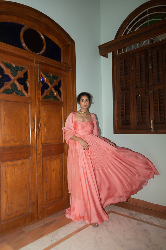
            
                Load image into Gallery viewer, Peach Pink Ruching Anarkali
            
        