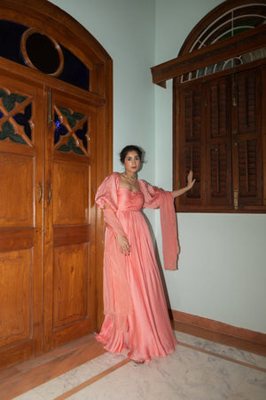 
            
                Load image into Gallery viewer, Peach Pink Ruching Anarkali
            
        