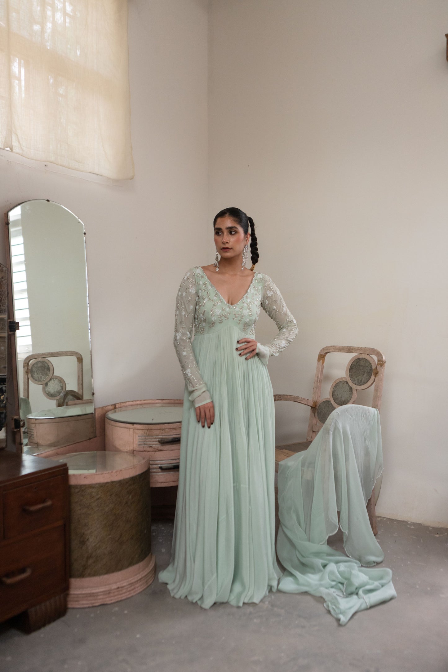 Light Mint Jaal Scallop Anarkali