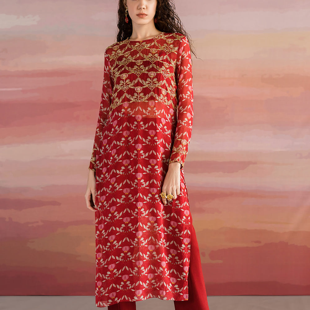 Red Lotus Printed Kurta With Pants And Bralette