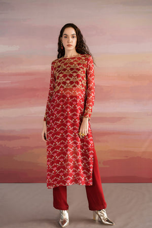 Red Lotus Printed Kurta With Pants And Bralette