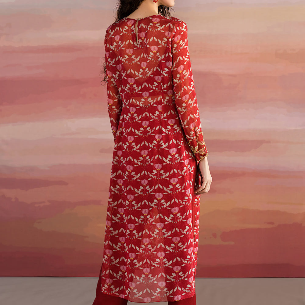 
                      
                        Red Lotus Printed Kurta With Pants And Bralette
                      
                    