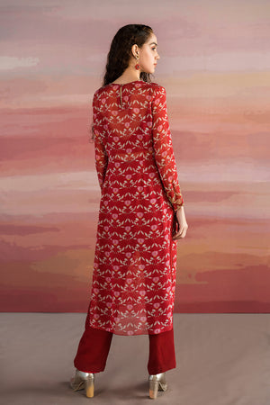 Red Lotus Printed Kurta With Pants And Bralette