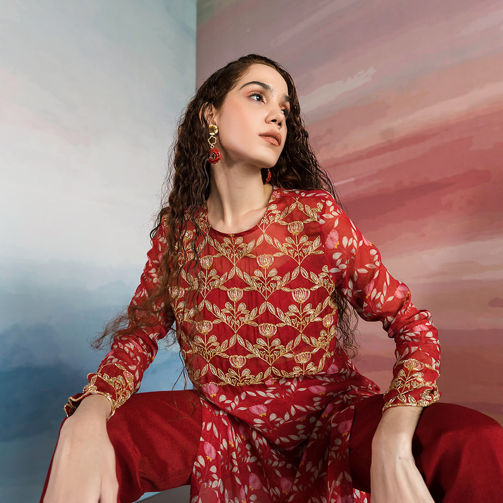 Red Lotus Printed Kurta With Pants And Bralette