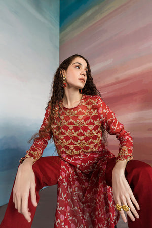 Red Lotus Printed Kurta With Pants And Bralette