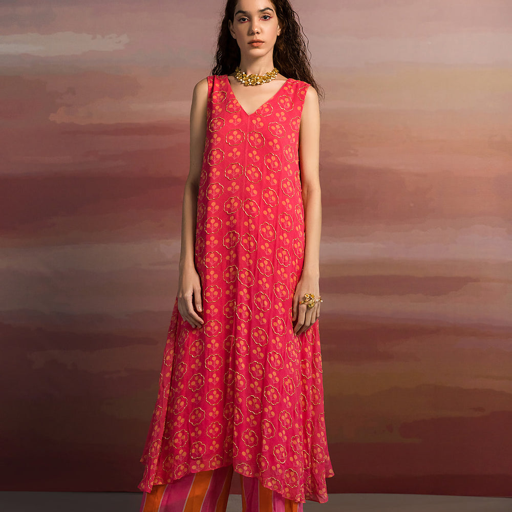 Pink Printed Loose Kurta With Striped Pants.