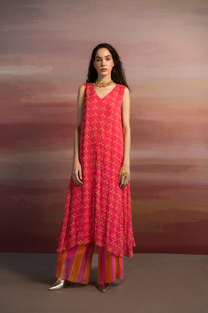 Pink Printed Loose Kurta With Striped Pants.