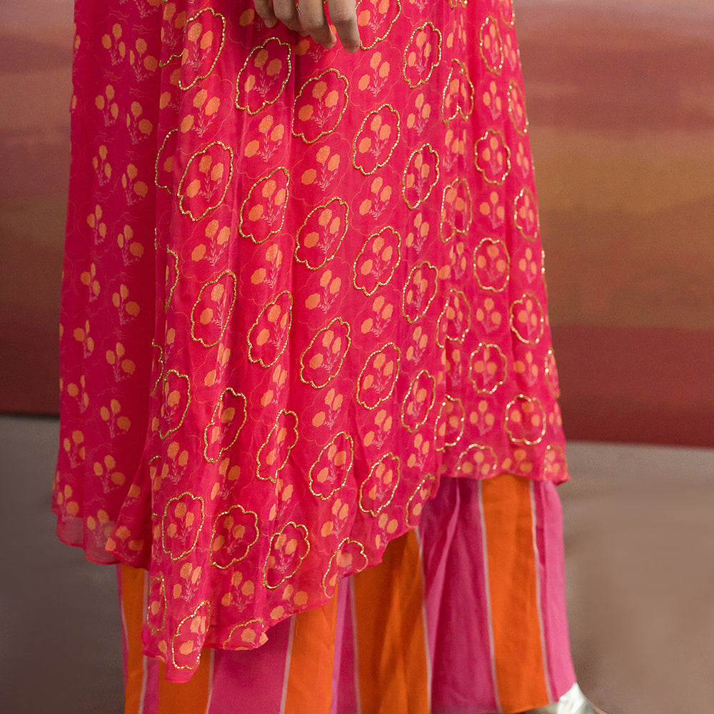 Pink Printed Loose Kurta With Striped Pants.