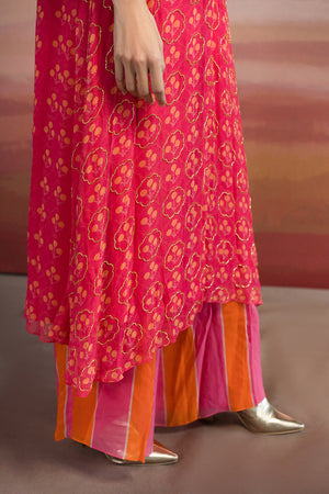 Pink Printed Loose Kurta With Striped Pants.