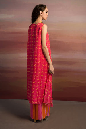 Pink Printed Loose Kurta With Striped Pants.