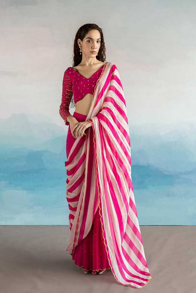 
            
                Load image into Gallery viewer, Rani Pink Pre-Stitched Palazzo Saree
            
        
