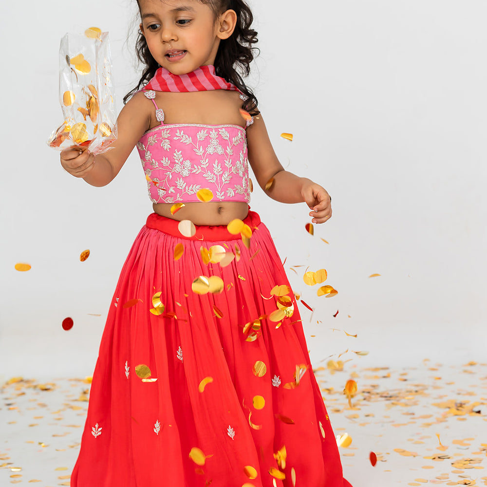 Red And Pink Stripes Top Lehenga Set