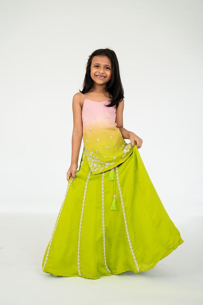 
            
                Load image into Gallery viewer, Light Pink To Parrot Green Lehenga Set
            
        