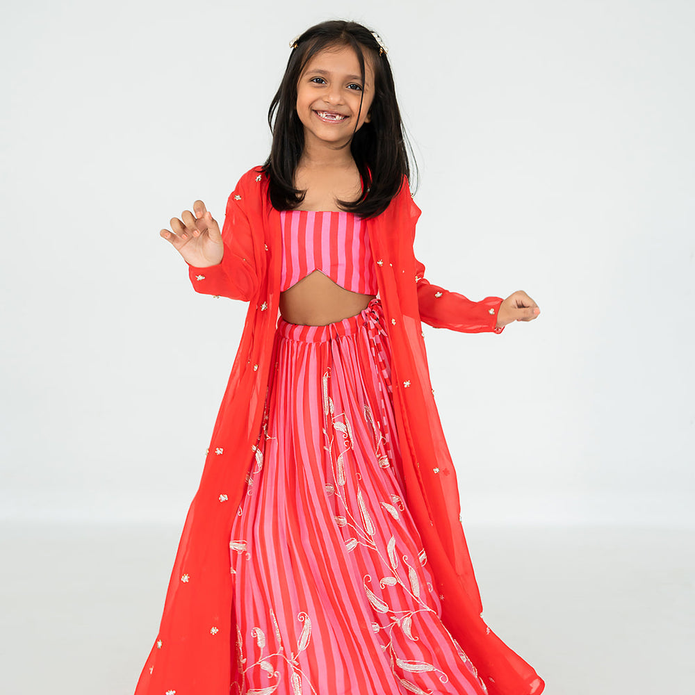 
                      
                        Red-Pink Stripes Jacket Lehenga Set
                      
                    