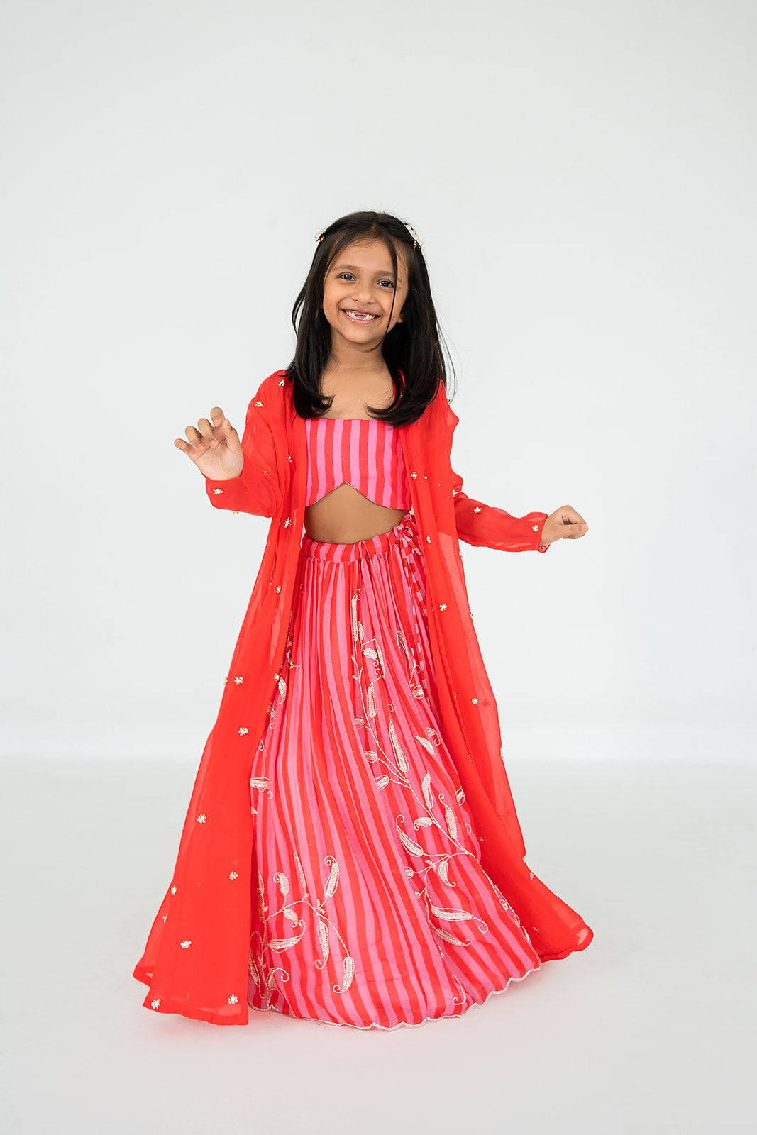 Red-Pink Stripes Jacket Lehenga Set