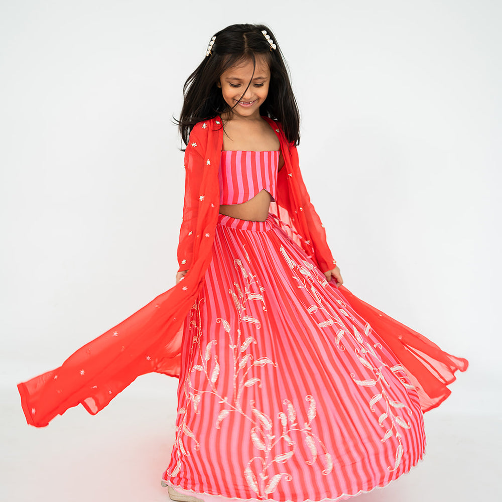 Red-Pink Stripes Jacket Lehenga Set