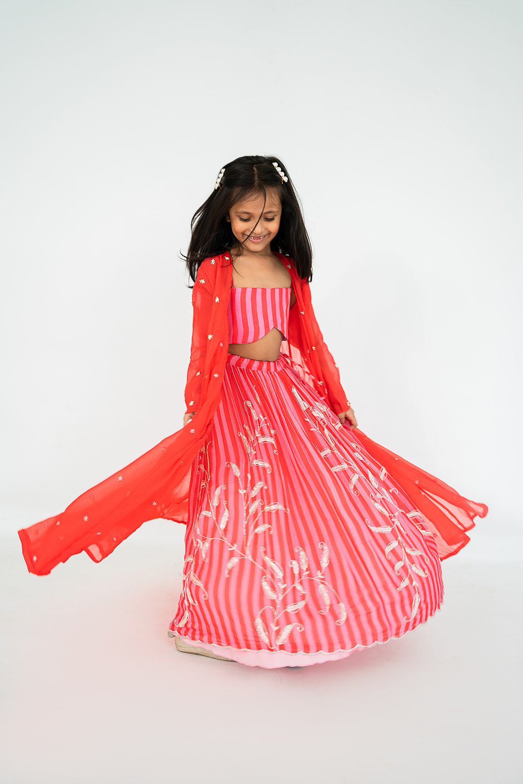 Red-Pink Stripes Jacket Lehenga Set