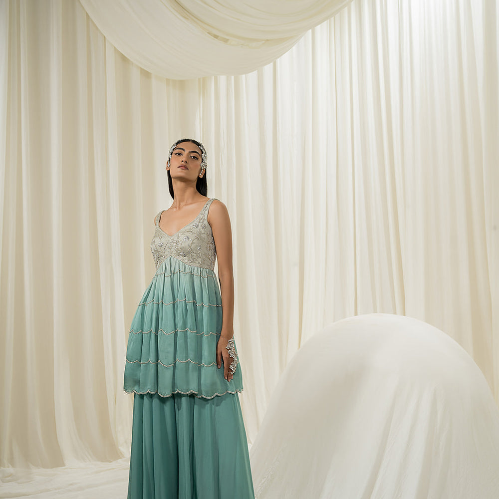Light Mint-Turquoise Peplum Sharara Set