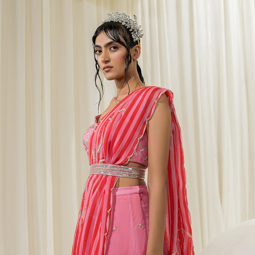 Light Pink-Red Palazzo Saree