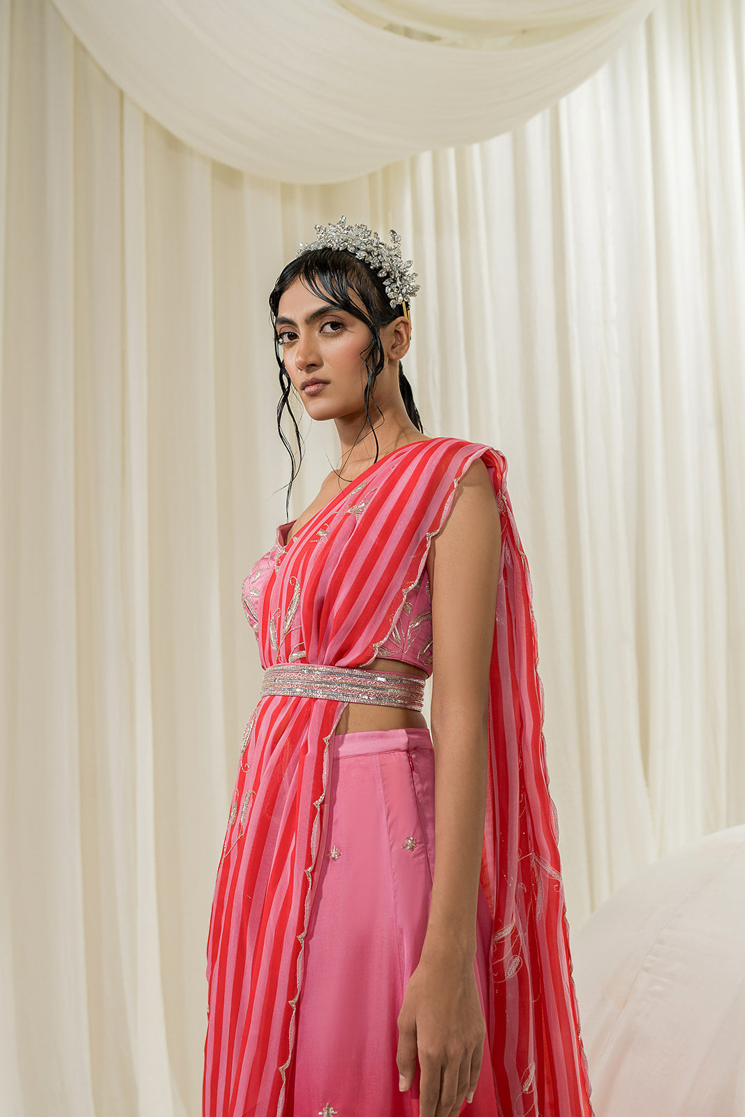 Light Pink-Red Palazzo Saree