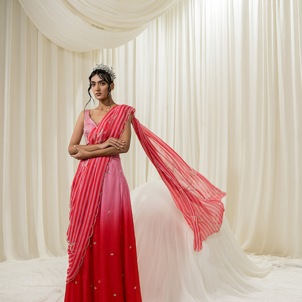 Light Pink-Red Palazzo Saree