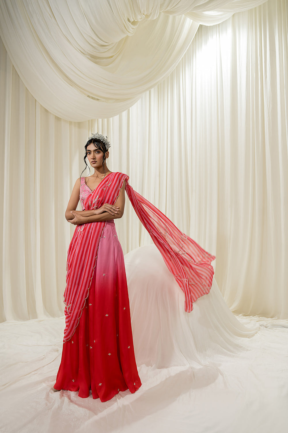 Light Pink-Red Palazzo Saree