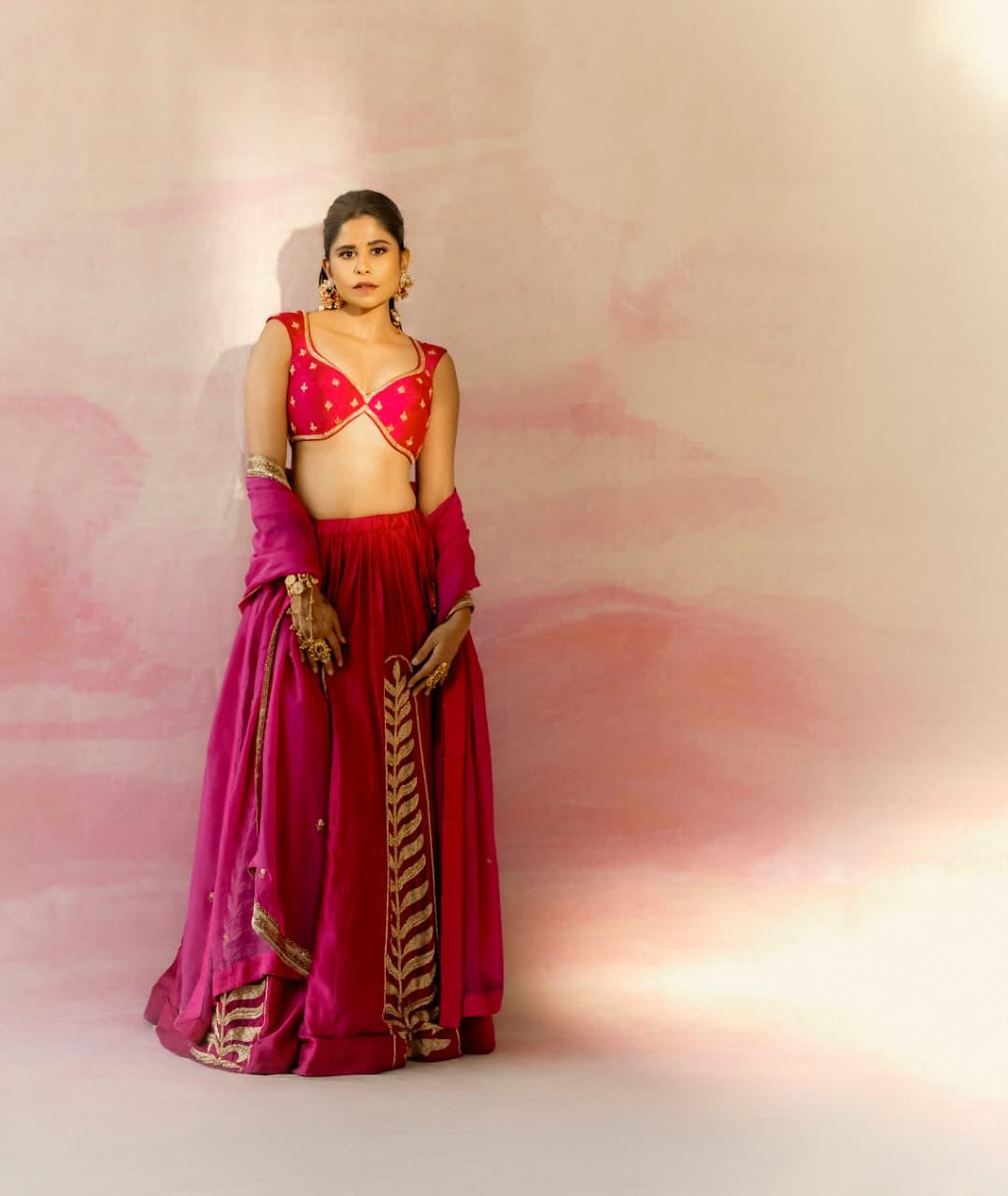SAI TAMHANKAR IN FUCHSIA PINK 12 KALI LEAF EMBROIDERED LEHENGA WITH BLOUSE AND DUPATTA- EC-LH-RAHI25-23- FusciaPink