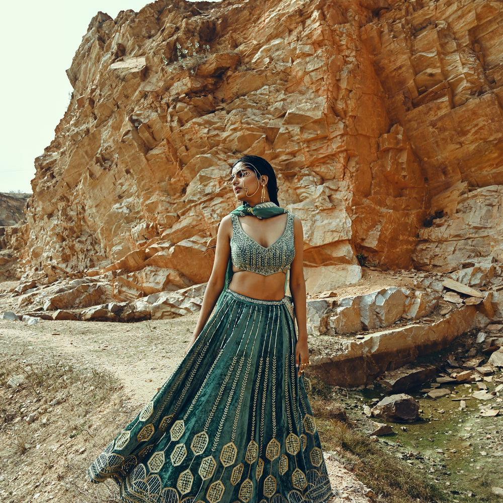 
                      
                        Vaishali Malhara in Turquoise Velvet Lehenga
                      
                    