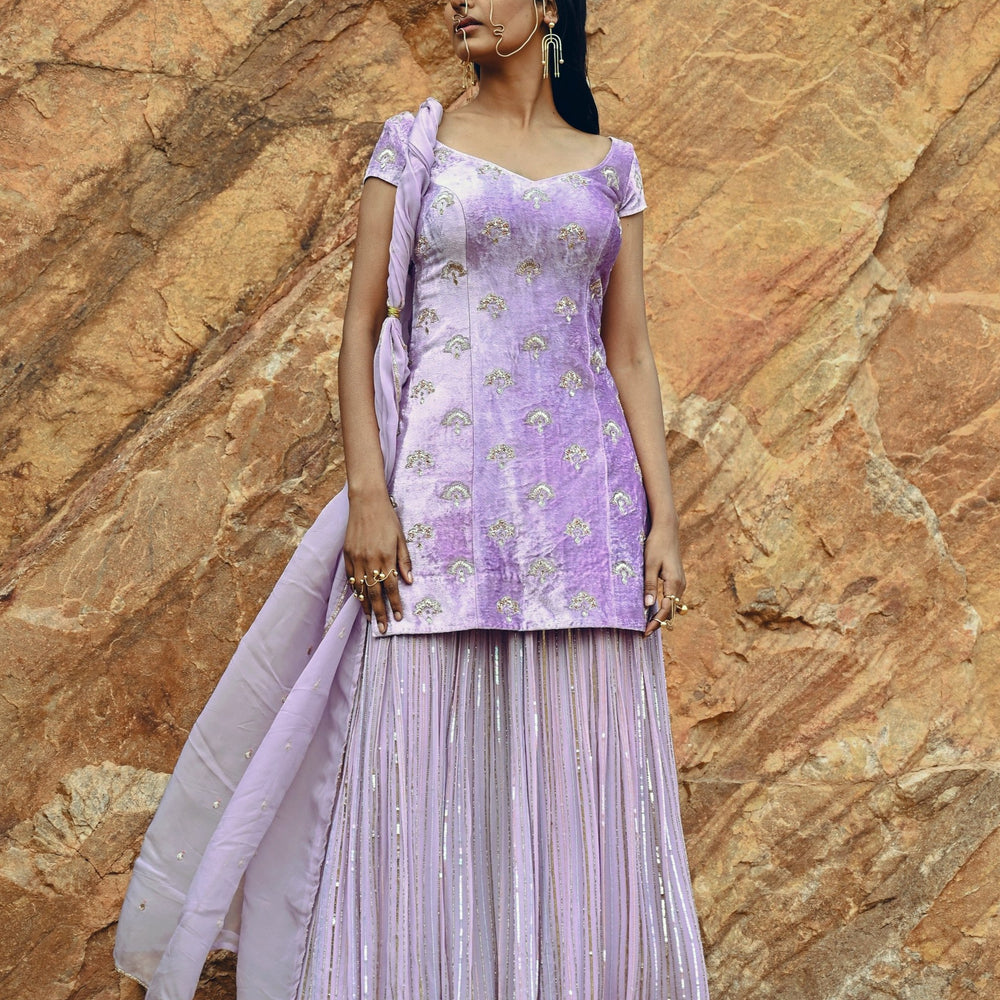 
                      
                        LAVENDER VELVET SEQUINED SHARARA SET
                      
                    