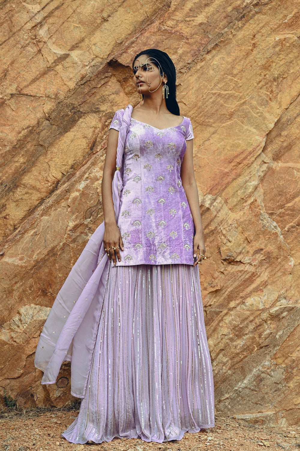 LAVENDER VELVET SEQUINED SHARARA SET