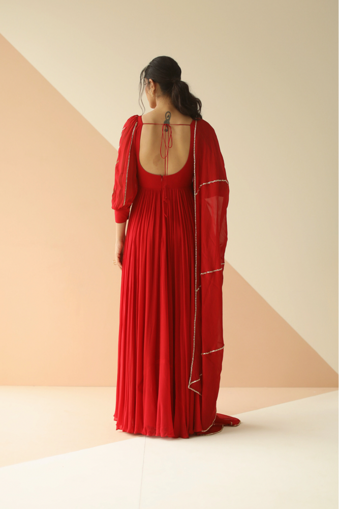 
                      
                        Crimson Red Anarkali Handcrafted with cut-daana Embroidery
                      
                    