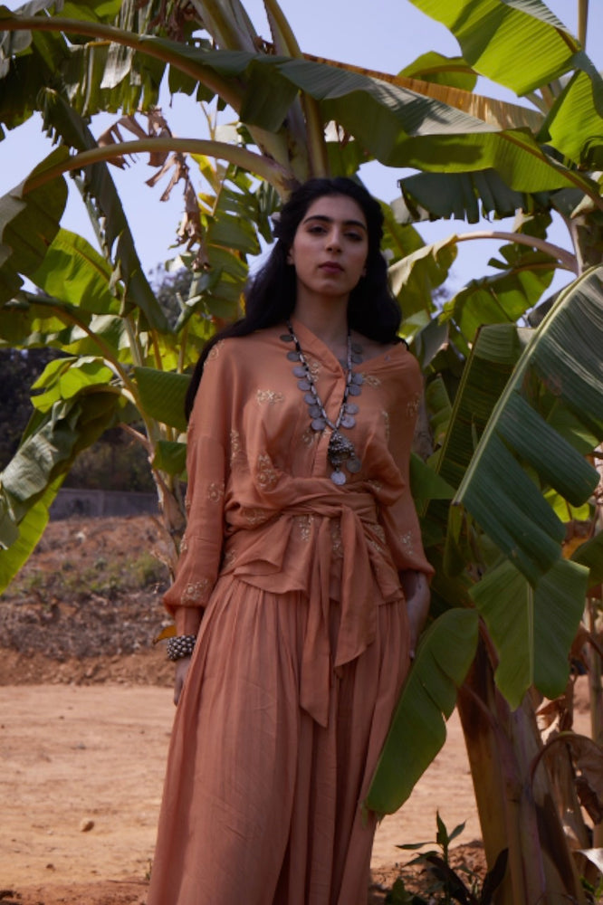 
                      
                        Peach Embroidered Top & Flared Pants
                      
                    