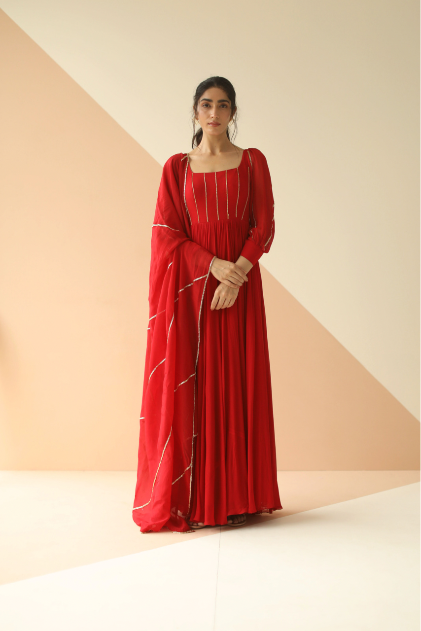 Crimson Red Anarkali Handcrafted with cut-daana Embroidery