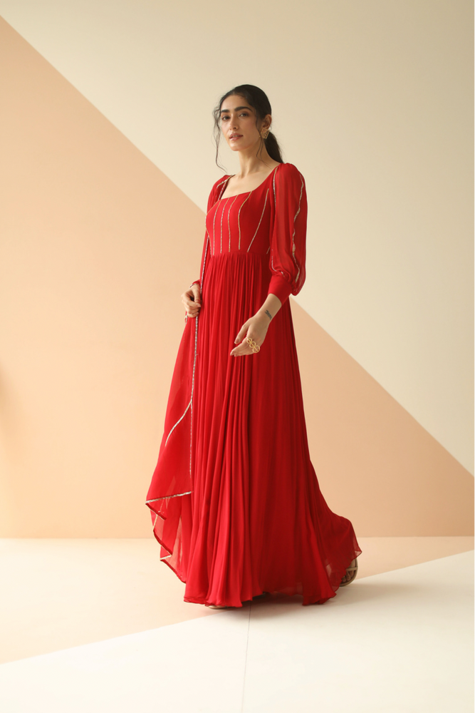
                      
                        Crimson Red Anarkali Handcrafted with cut-daana Embroidery
                      
                    
