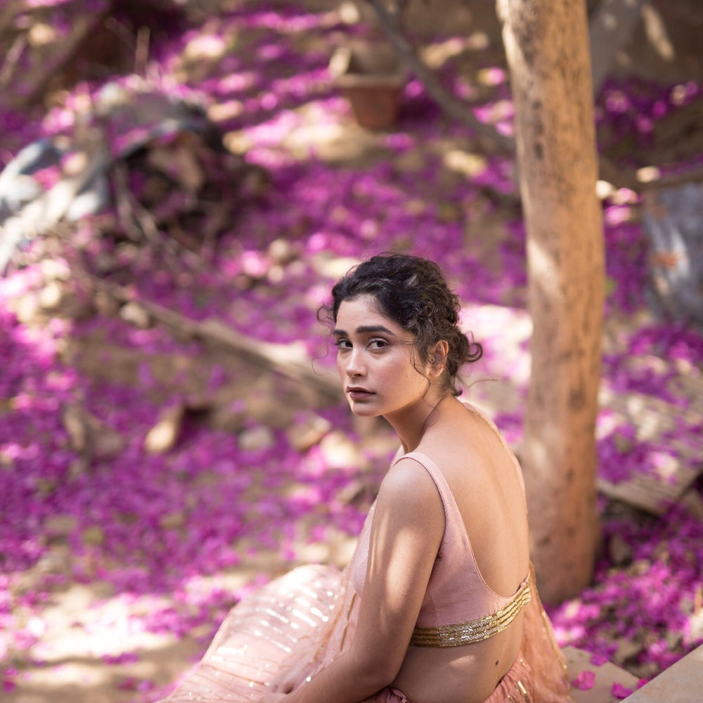
                      
                        MAUVE LINE LEHENGA SET
                      
                    