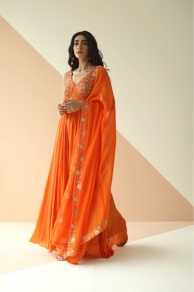 Apricot Orange Anarkali With Corset Style Yoke