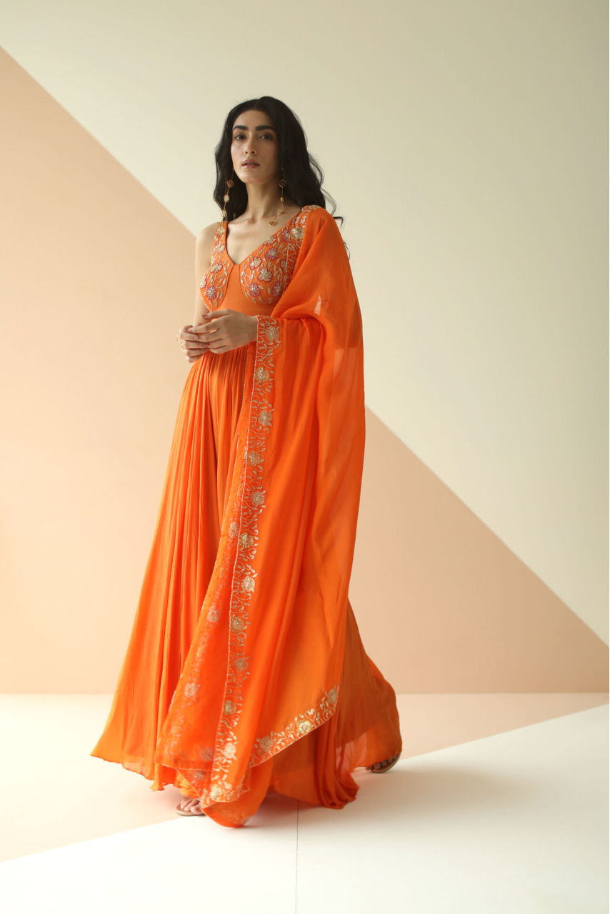 Apricot Orange Anarkali With Corset Style Yoke