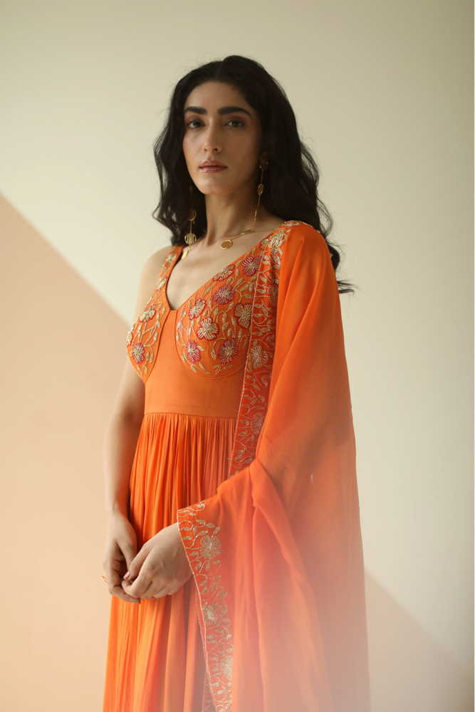 
                      
                        Apricot Orange Anarkali With Corset Style Yoke
                      
                    