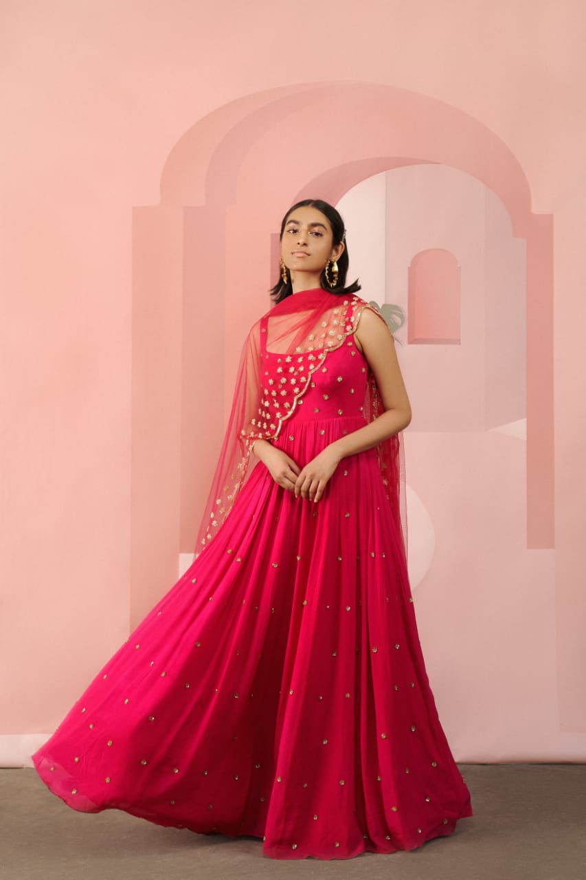 Hot Pink Square Neck Anarkali