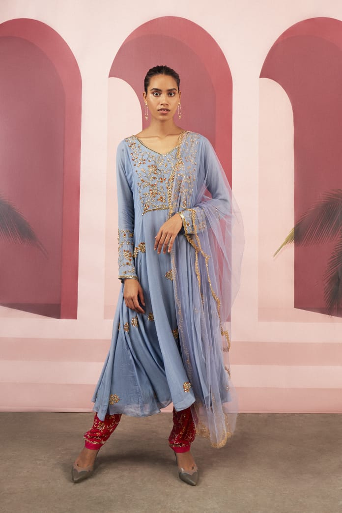 Powder Blue Handcrafted Yoke Raglan Full Sleeve Long Kurta