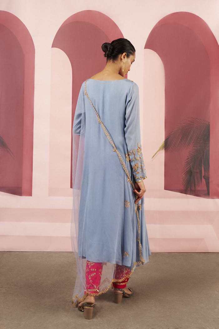 Powder Blue Handcrafted Yoke Raglan Full Sleeve Long Kurta