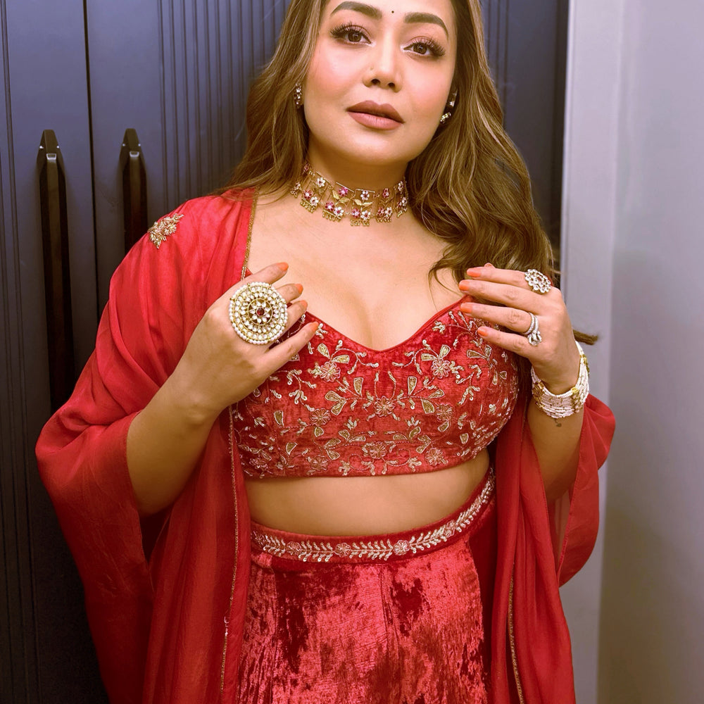 Neha Kakkar in Red Velvet Palazzo Set